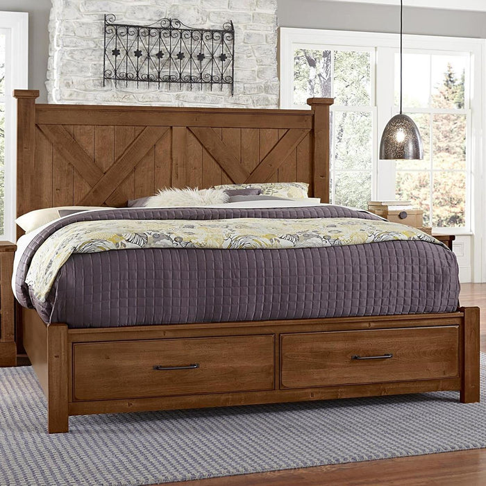 Vaughan-Bassett Cool Rustic Queen Barndoor X Headboard with Storage Footboard Bed in Amber