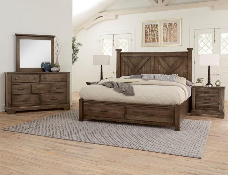 Vaughan-Bassett Cool Rustic King Barndoor X Headboard with Storage Footboard Bed in Mink